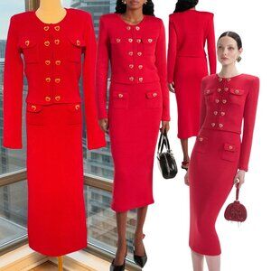 🆕 SELF-PORTRAIT 🧿 NWOT Red Knit Heart Buttoned Cardigan + Midi Skirt Set Sz M